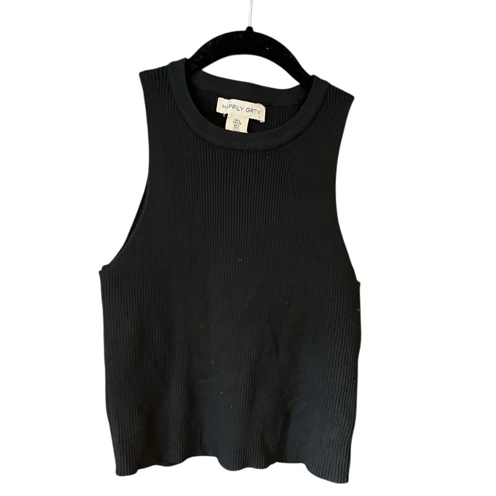 Sleek Black Ribbed Knit‎ Tank Top Sleeveless Crew Neck Modern Basic A13